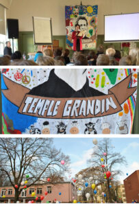 Fotos von der Namensgebung, einem gestalteten Plakat mit dem Namenszug von Temple Grandin und im die Luft steigenden Luftballons mit den Wünschen der Kinder
