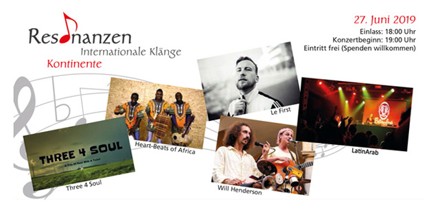 Flyer RESONANZEN mit Fotos der fünf Bands/Sänger*innen der fünf Kontinente