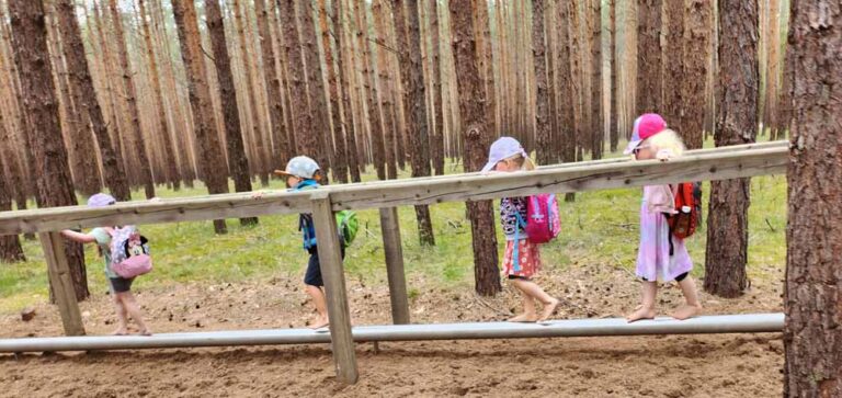 Vier Kinder laufen barfuß über einen Holzstamm in einem Waldstück, während sie sich an einem Holzgeländer festhalten.