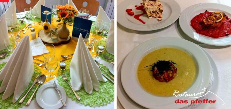 Links: Auf einem perfekt gedeckten Tisch stehen Teller, Servietten, Besteck und ein Blumenstrauß. Rechts: Auf einem Tisch stehen drei Teller mit einer Suppe, einem Ragout aus Tomate und einer Süßspeise.