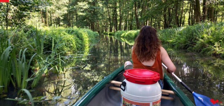 Eine junge Frau sitzt in einem Kanu und paddelt durch den Spreewald. Das Ufer ist von Grünpflanzen gesäumt. Hinter ihr steht ein wasserdichter Kanister mit Lebensmitteln.