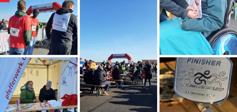 Fünf Bilder: Drei junge Männer stehen vor dem Start-/Zielpunkt und unterhalten sich. 2: Zwei Menschen sitzen vor einem Zelt an einem Tisch und sortieren Startnummern. Davor eine Pfefferwerk-Fahne. 3: Viele Menschen stehen oder sitzen an Tischen rund um die Bühne und den Startpunkt. 4: Ein Junge in einem Rollstuhl bekommt ein Wettkampfleibchen. 5: Eine Medaille, auf der steht: SoVDInklusionslauf, 12. Otober 2024, Fininsher