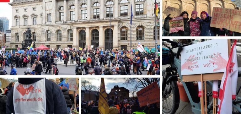 Viele Hunderte Menschen demonstrieren vor dem Berliner Abgeordnetenhaus und stehen auch der Straße davor. Sie halten Transparante und Fahnen hoch.