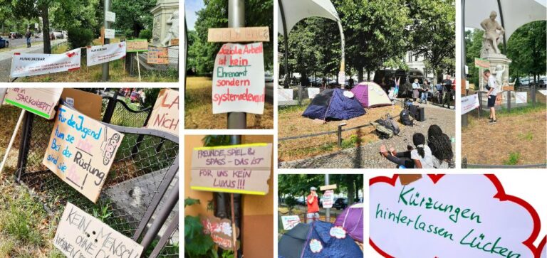 Auf acht Fotos werden Plakate mit Slogans gezeigt, die sich gegen die Kürzungen in der Jugendhilfe richten. U.a.: "Soziale Arbeit ist kein Ehrenamt, sondern systemrelevant!", "Kürzungen hinterlassen Lücken!", "Freunde, Spiel & Spaß - das ist für uns kein Luxus!!!"