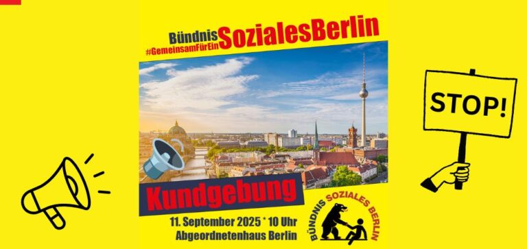 Eine Luftaufnahme von Berlin mit dem Alexanderplatz und der Spree. Text: Bündnis #GemeinsamFürEinSozialesBerlin. Kundgebung, 11. September 2025 * 10 Uhr, Abgeordnetenhaus Berlin