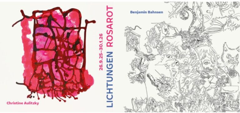 Flyer der Ausstellung "Lichtungen Rosarot" mit zwei abstrakten Bildern und den Namen Christine Aulitzky und Benjamin Bahnsen